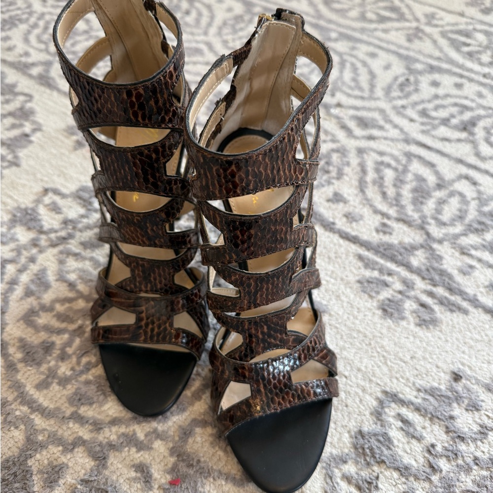 Marc Fisher Elegant Brown Strappy Tortise-Colored Snakeskin-Patterned Heels